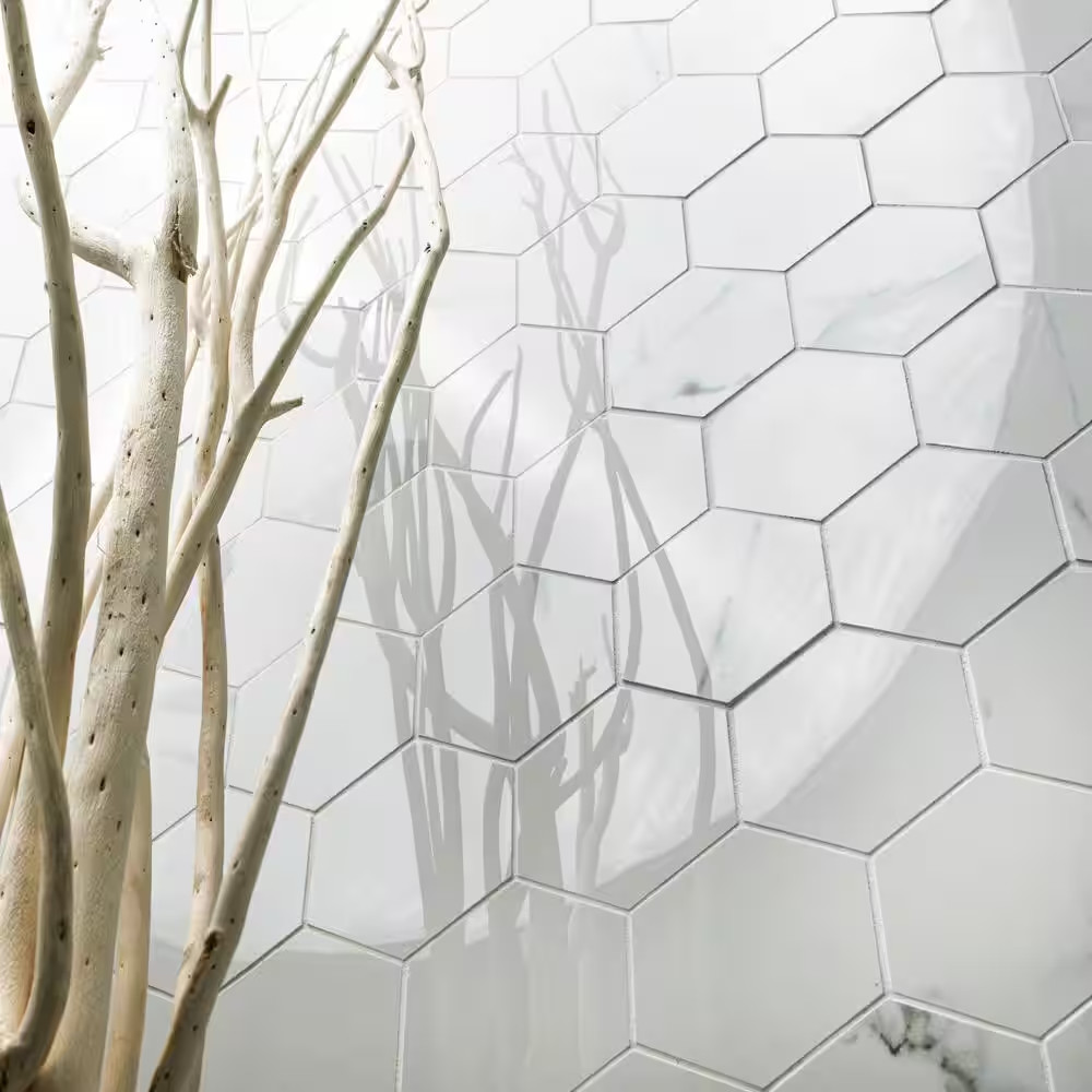 Carrara 12 In. X 12 In. Polished Porcelain Mesh-Mounted Mosaic Floor and Wall Ti