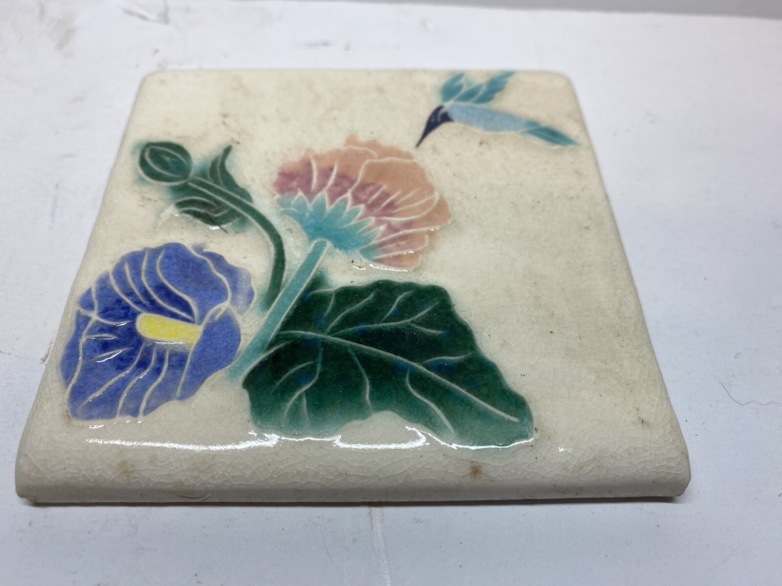Vintage Ceramic Porcelain Kiln Fired Floral 4” Tile