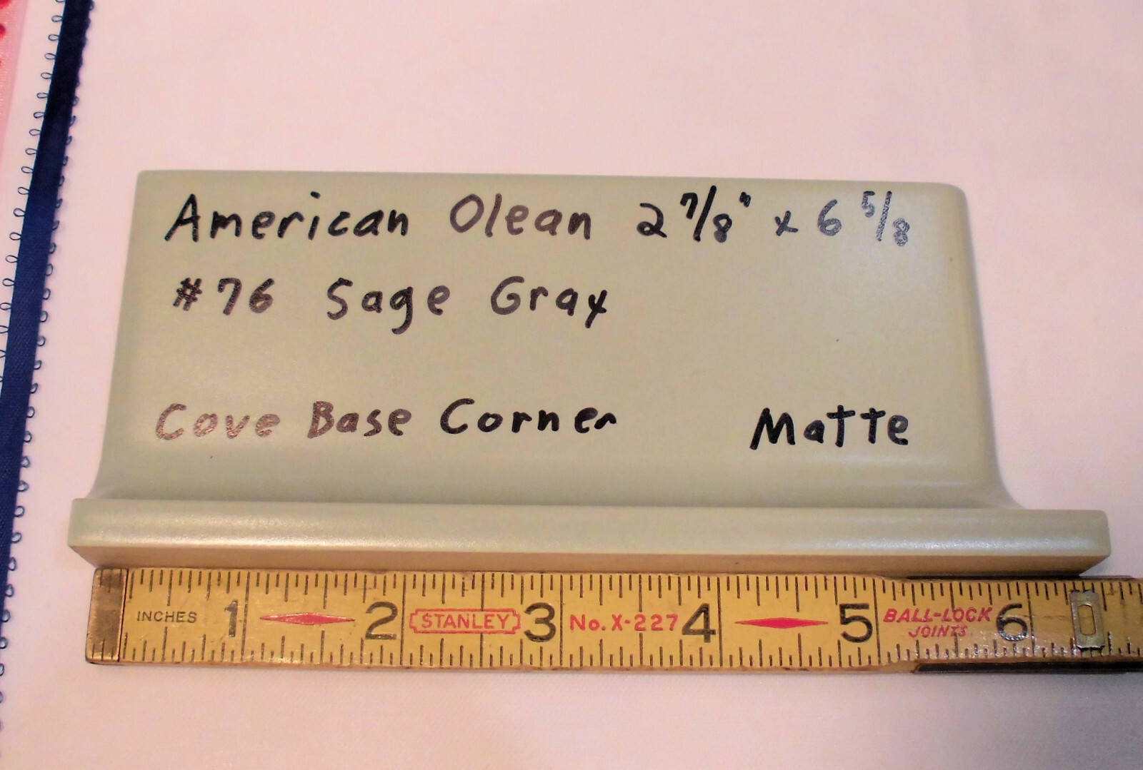 1 pcs. *Sage Gray* Finish Corner Flat Top cove/base Ceramic Tile 3″ X 6″ A.O.