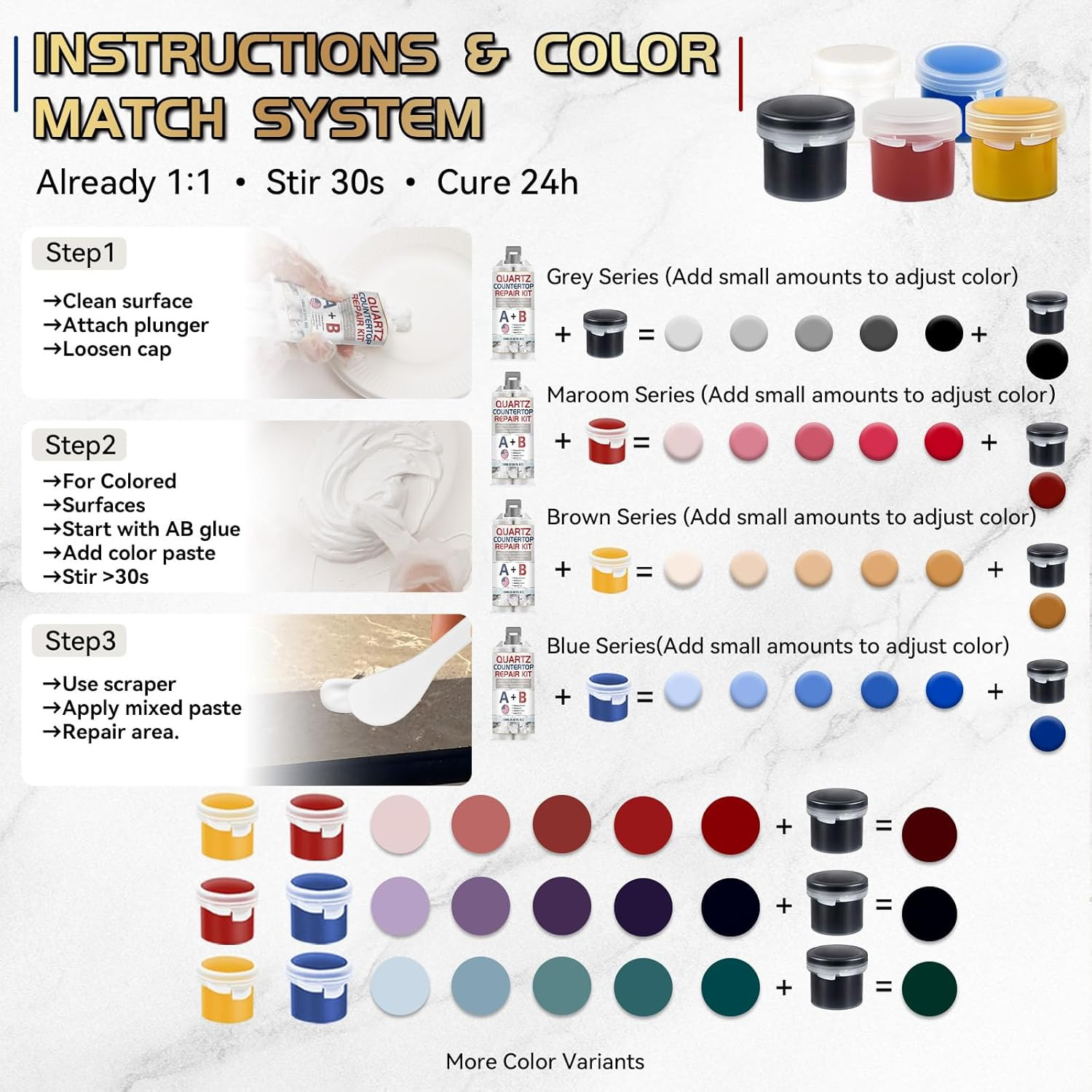 Quartz Countertop Repair Kit, Granite Repair Kit, Strong Bond, Seamless Fix, Mar