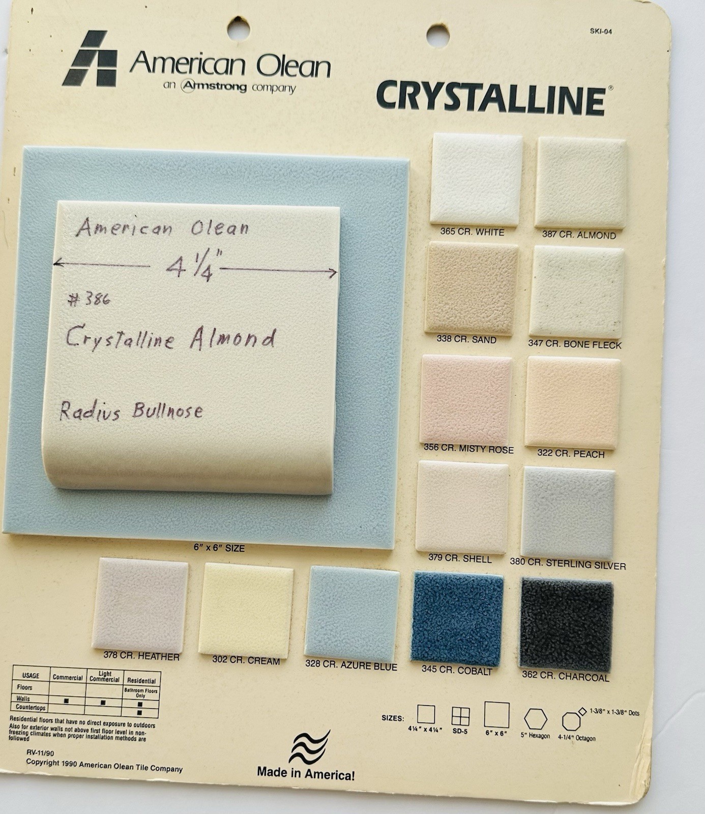 1 pc. Almond: Crystalline Ceramic Radius Bullnose Tile 4-1/4” American Olean