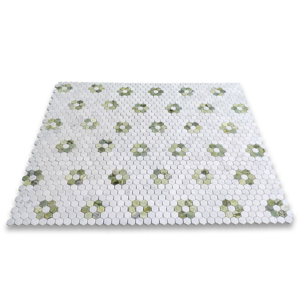 C31F12XH Carrara White Marble Hexagon Rosette Mosaic Tile Green Jade Honed