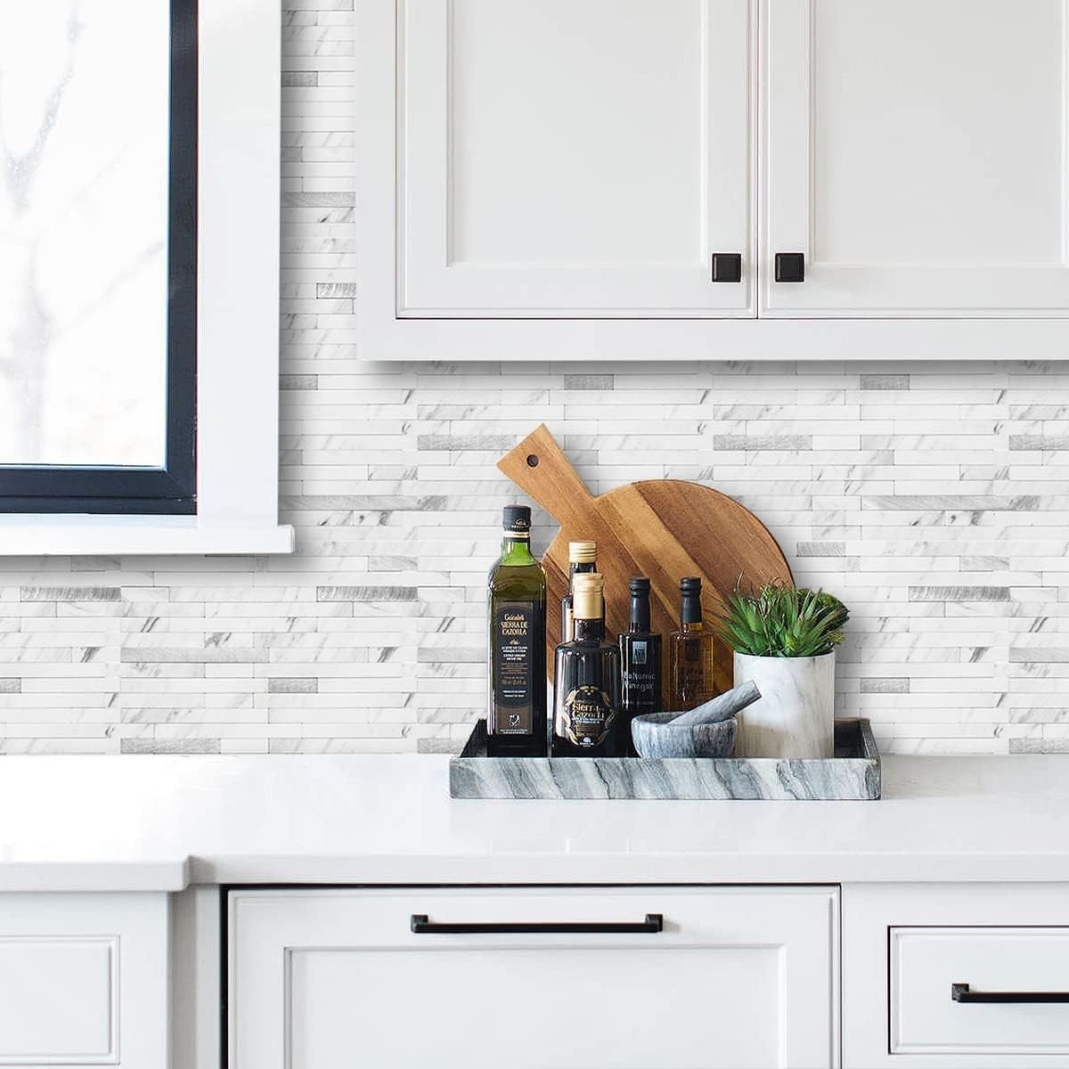 Peel and Stick Backsplash 40 Sheets White Marble Look PVC Wall Tiles for Kitchen