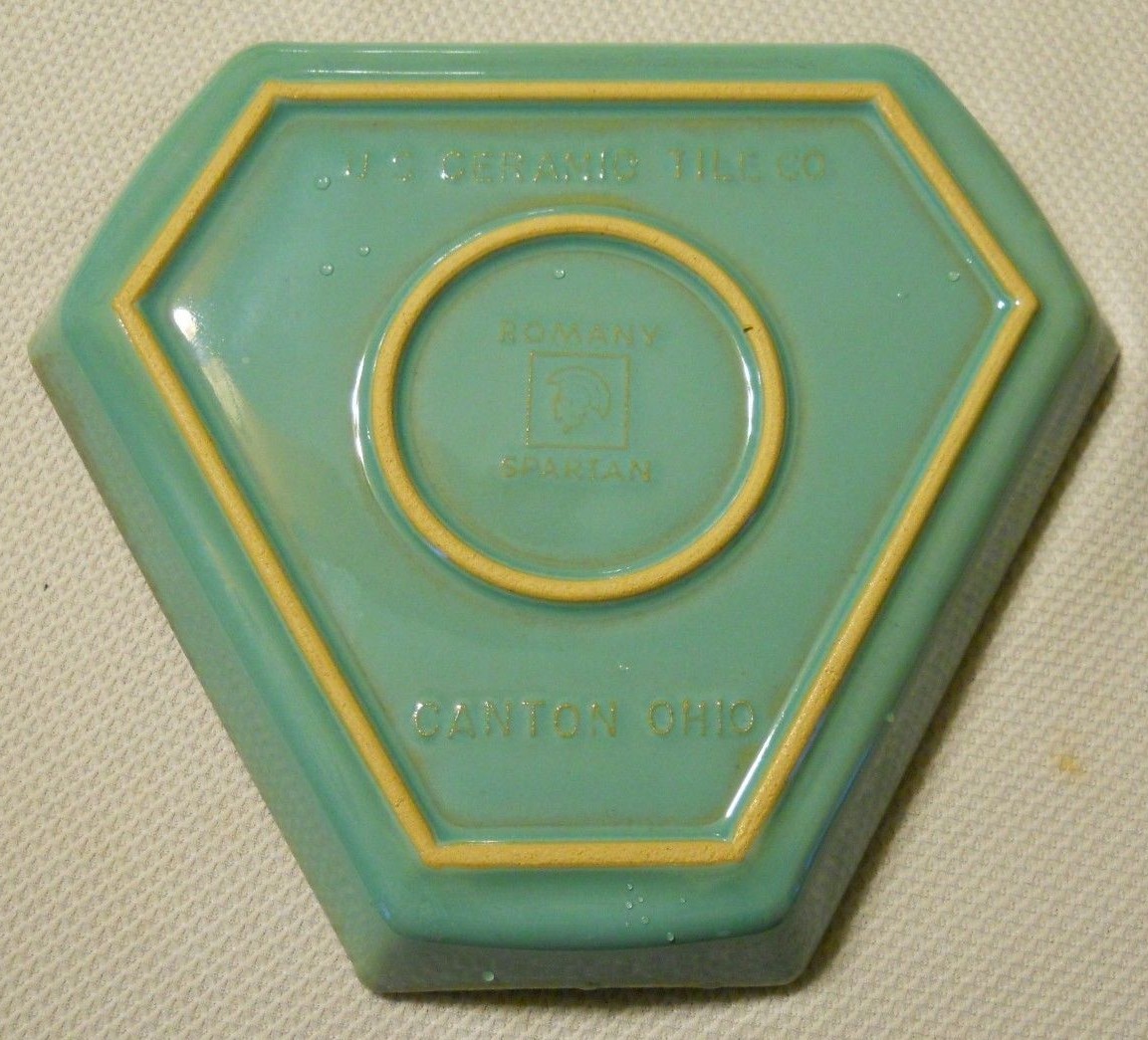 US CERAMIC TILE CO. CANTON OH ROMANY SPARTAN TEAL TRIANGULAR DISH 6 1/4”