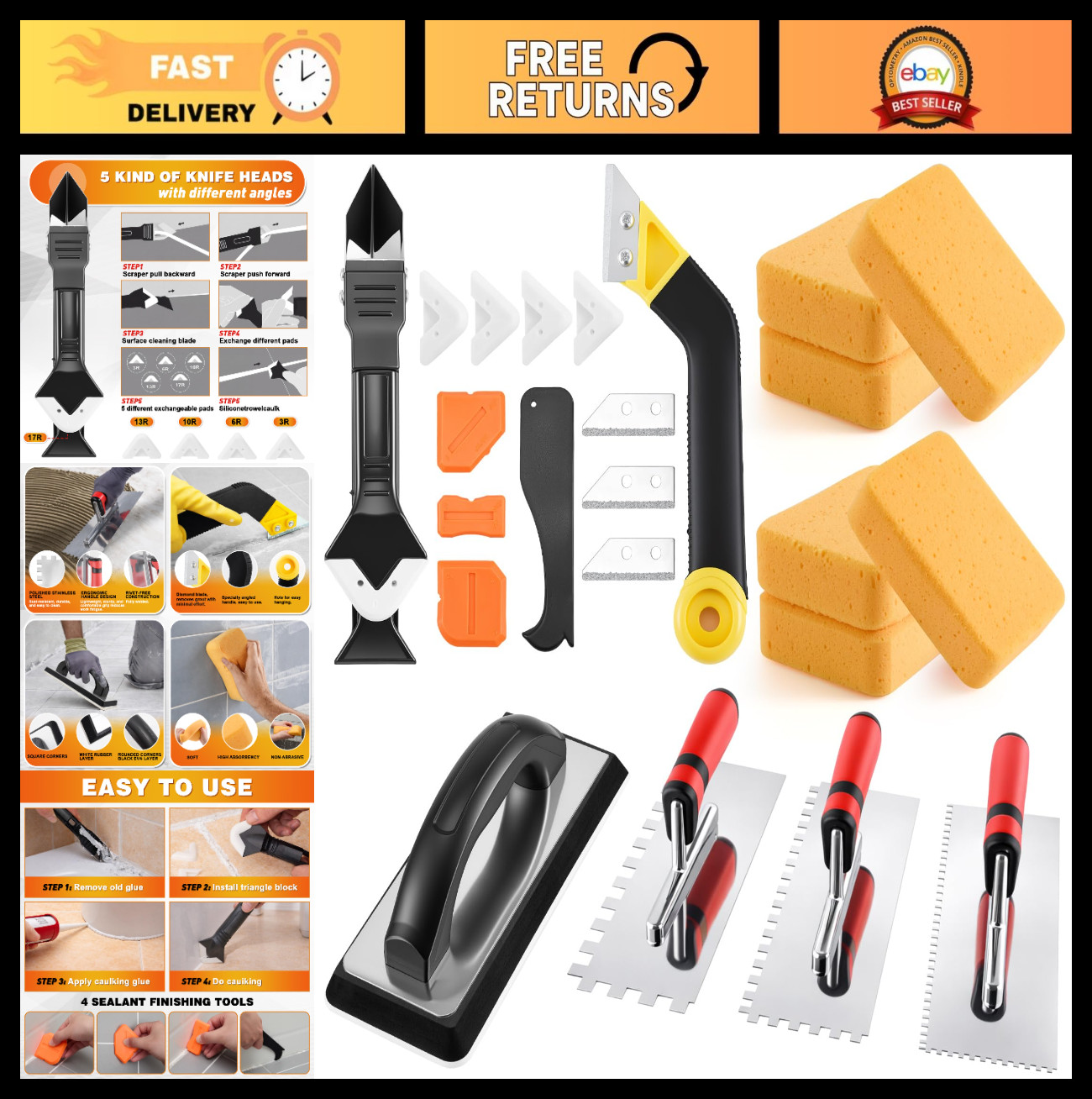 23 Pcs Tile & Grout Tool Set, Caulking Remover, Stainless Steel Trowel, Sponge,