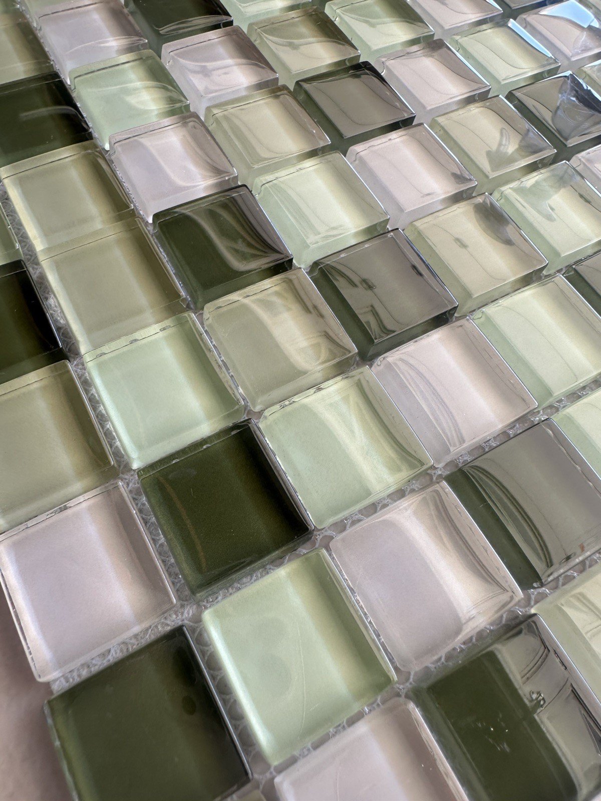 Light green Mix Glossy Glass Mosaic 1″x1″ Stacked Mesh Mounted