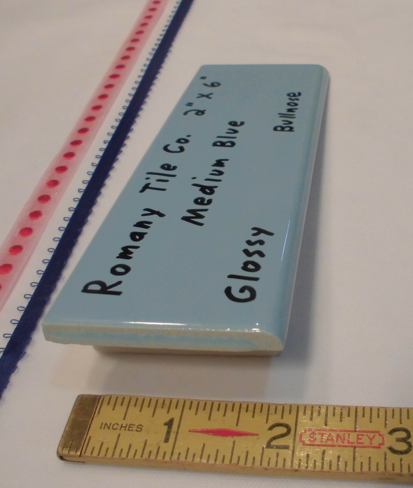 1 pc. *Medium Blue* 2” X 6” Glossy Surface Bullnose Ceramic Tile: New Old Stock