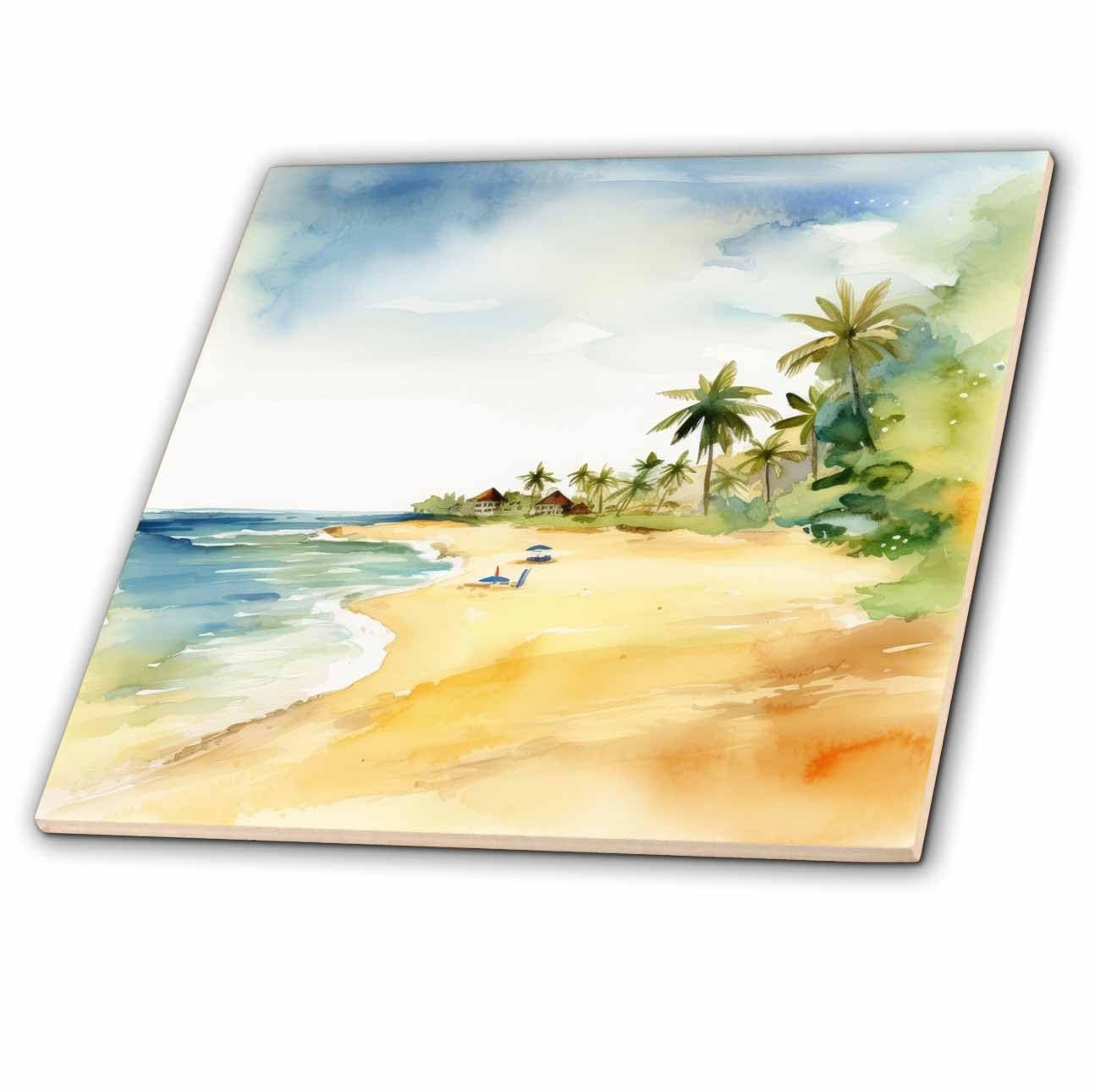 4 Inch Ceramic Tile – Image Of Watercolor Palm Tree Beach Scene Backgrounds