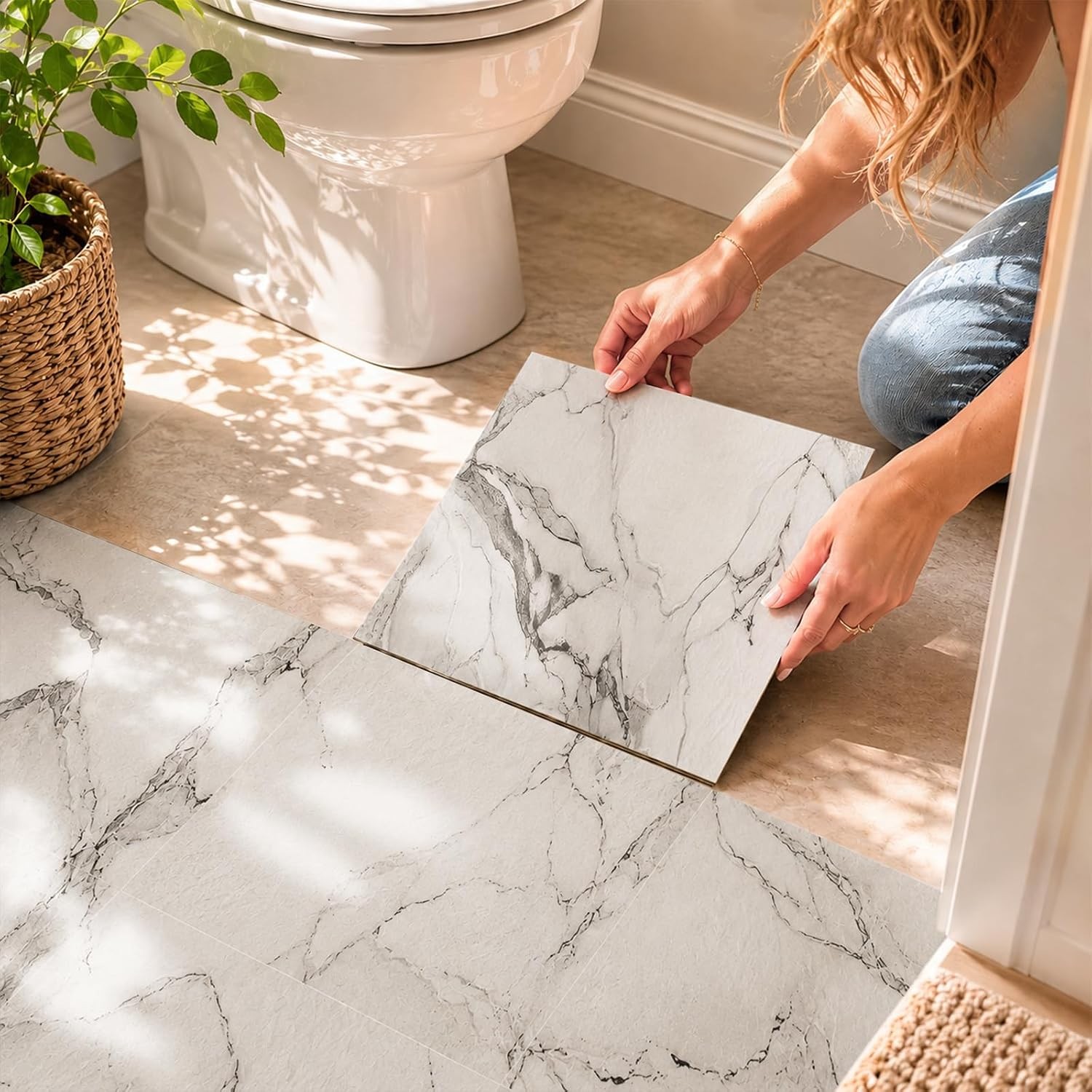 Renter-Friendly Marble Grain Peel and Stick Floor Tile 10 PCS – NO Grout, NO Mes