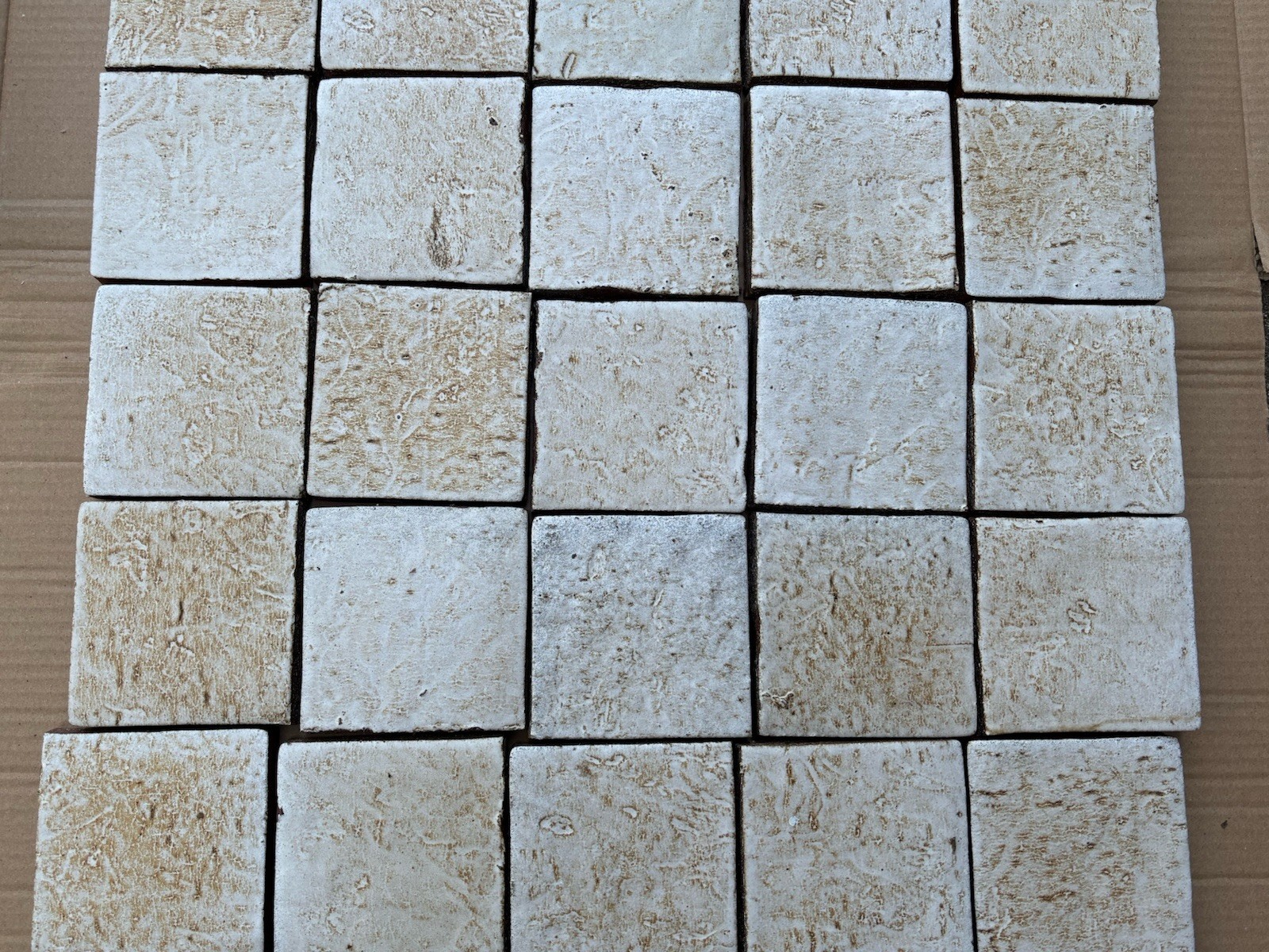 4 Vintage Hand Made Mottled Glazed Field Tile THICK 3 7/8″sq Set of 4 NOS #A