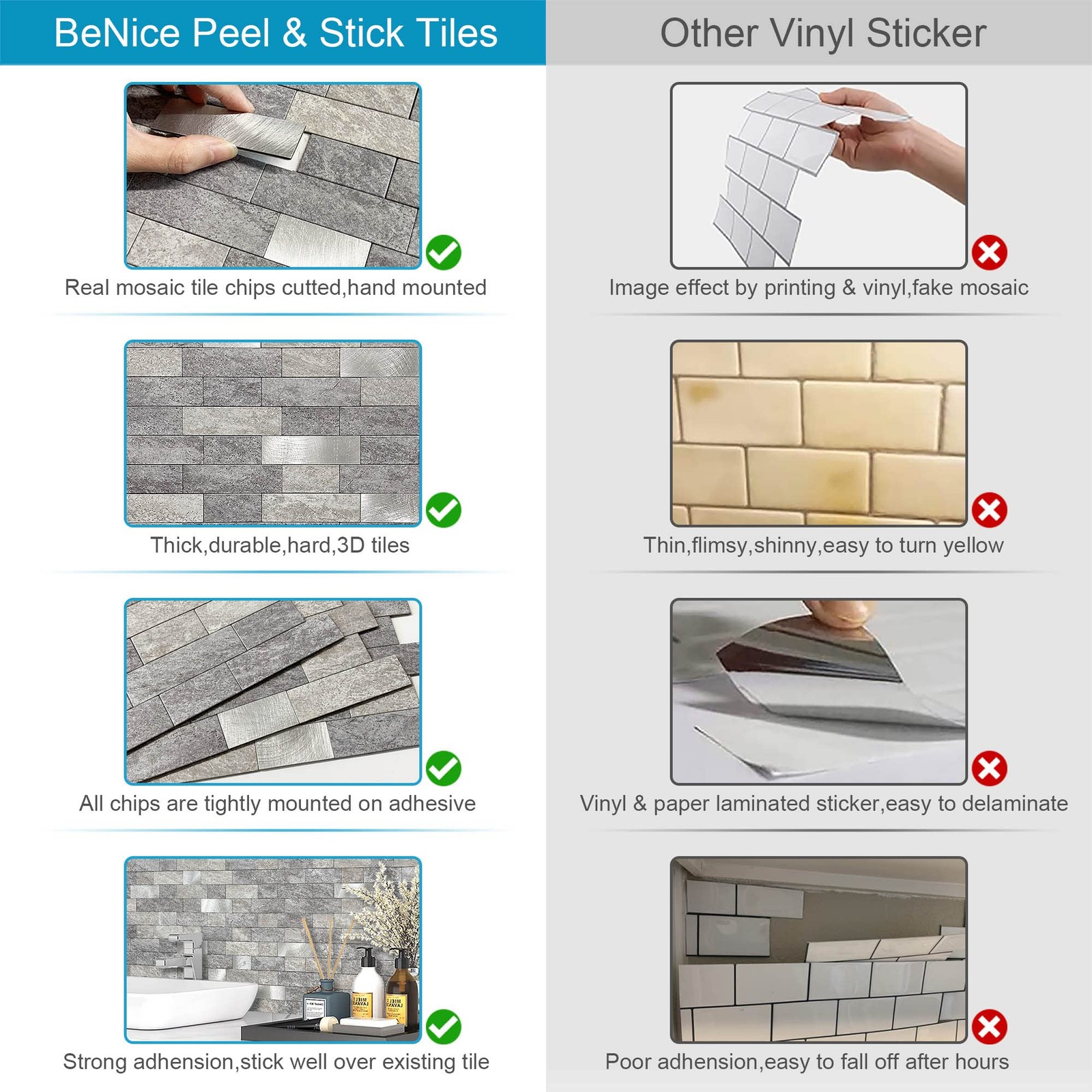 Stone Kitchen Backsplash Peel and Stick Wall Tile Gray Mix 10pcs
