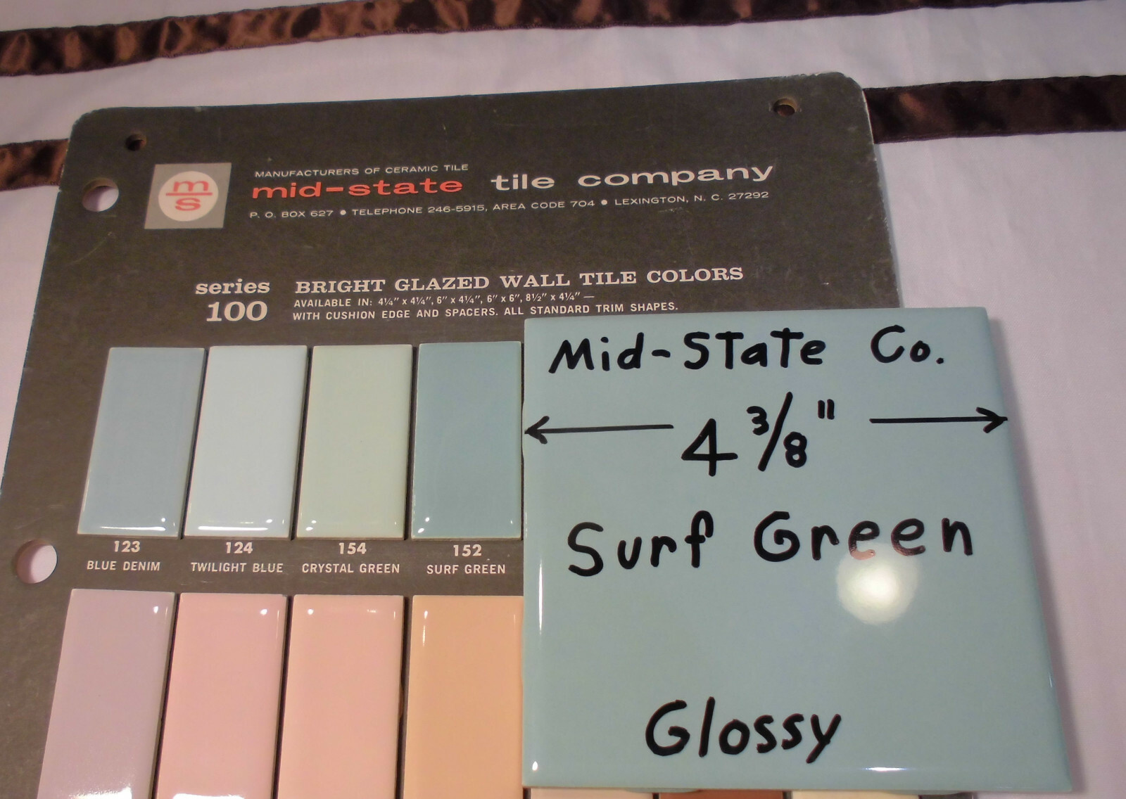 1 pc. Vintage Ceramic Tile *Surf Green* 4-3/8″ by Mid-State Tile Co. (NOS)