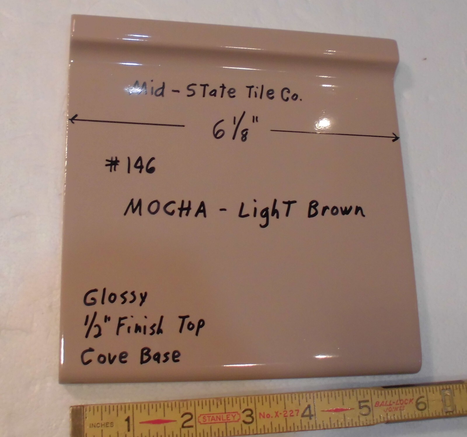 1 pc. Vintage Glossy *Mocha- Brown* 6” X 6” Ceramic Cove Base Tile by MID-STATE