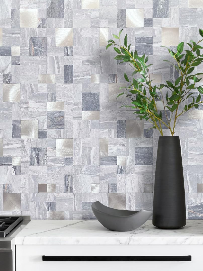 1 Sheet Grey Marble Peel and Stick Tile Backsplash, Mixed Metal Silver Chips Kit