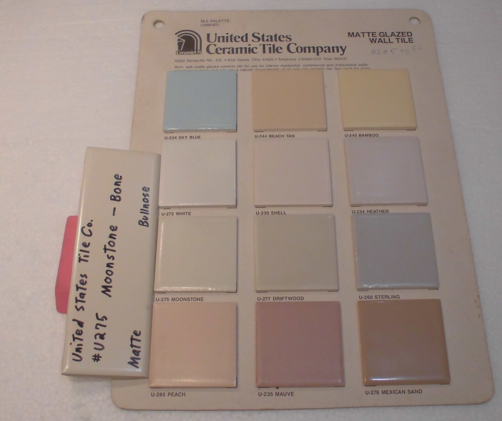 1 pc. Matte Bone: Bullnose Surface Flat Ceramic Tile #U-275 Moonstone, Made USA