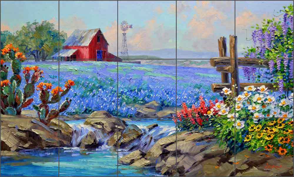 Bluebonnet Tile Backsplash Ceramic Mural Senkarik Country Landscape Art MSA188