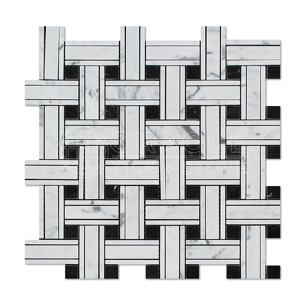 Carrara White Italian (Bianco Carrara) Marble Tripleweave Mosaic Tile, Black Dot