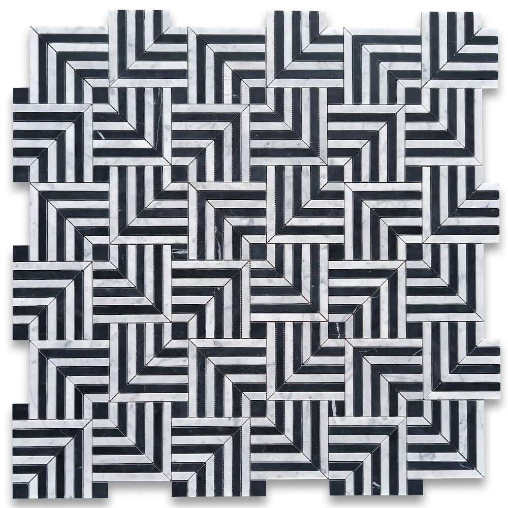 C7K1XH Carrara White Nero Marquina Black Marble Maze Square Weave Mosaic Tile