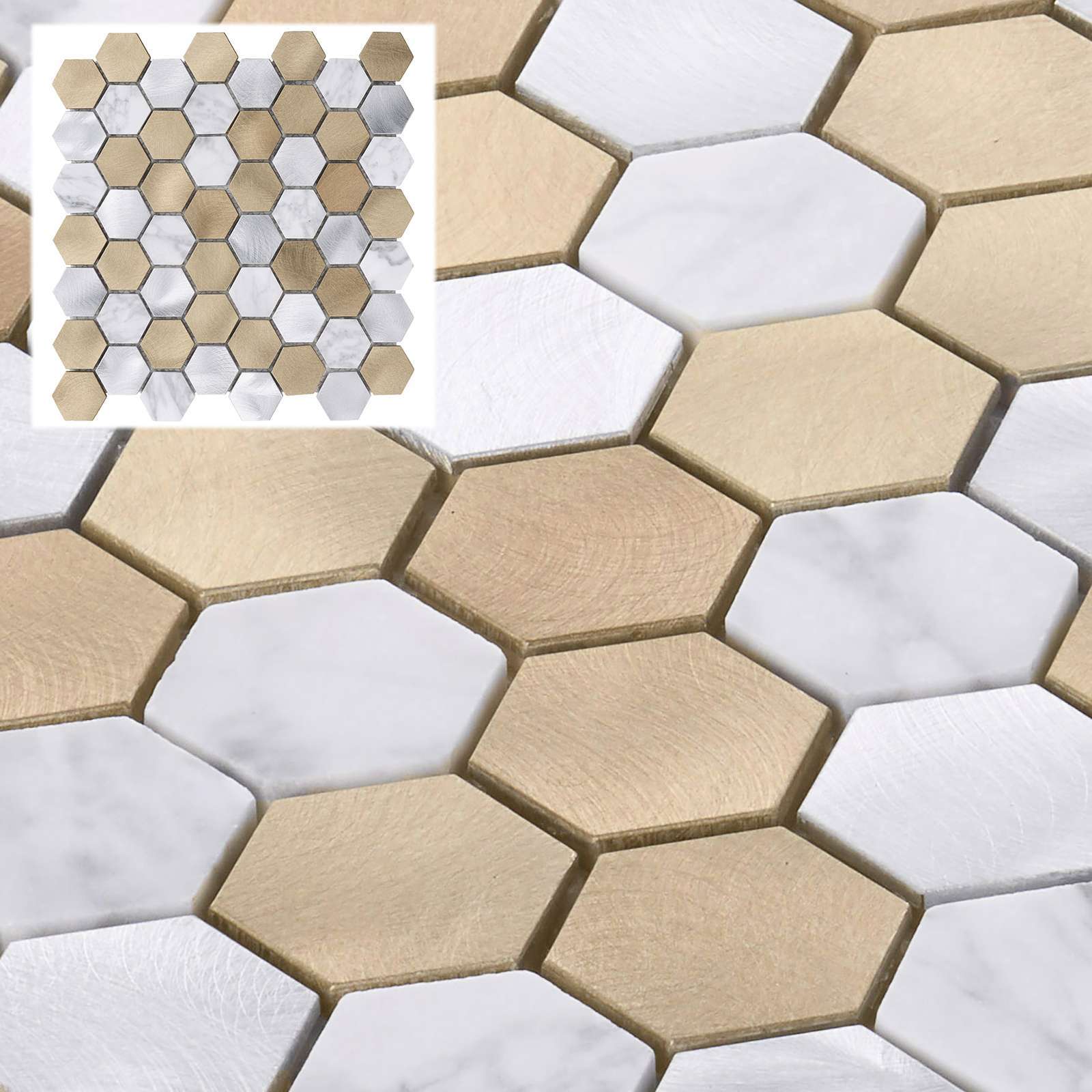 White Calacatta Marble Champagne Gold Metal 1.5″ Hexagon Mosaic Tile Backsplash