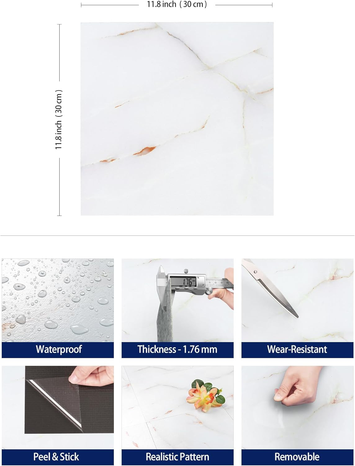 30 Pcs Peel and Stick Marble Look Vinyl Floor Tiles for Kitchen & Bathroom