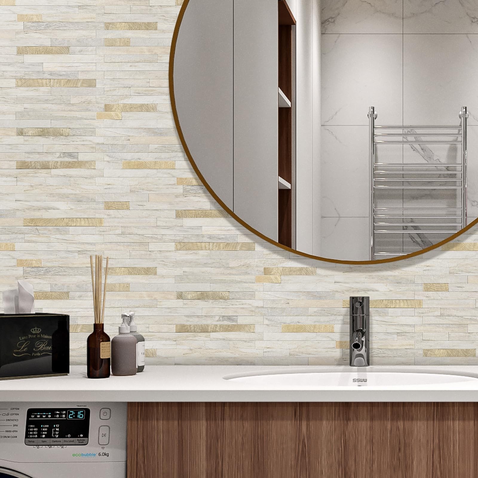 Peel Stick Backsplash Tile 2 Sheets Sunny Beige PVC Mixed Metal Gold Self Adh…