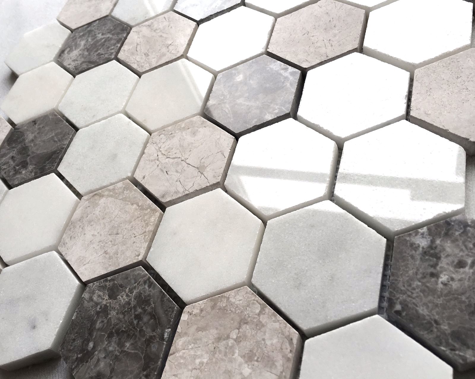 Carrara Gray Mix 2″ Hexagon Marble Mosaic Wall and Floor Tile Geometric Kitchen