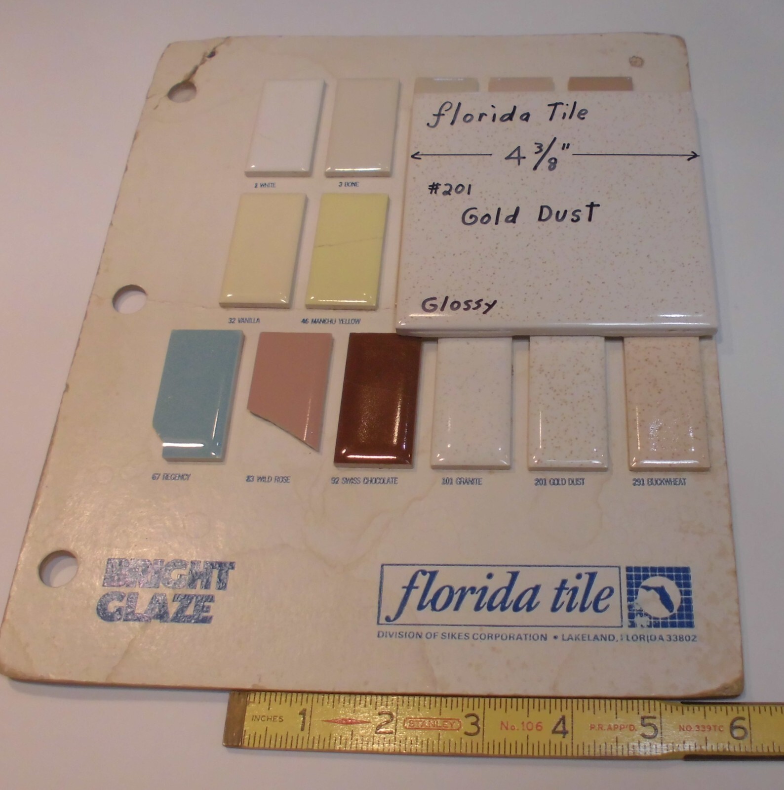 1 pc. Gold Dust: 4-3/8″ Glossy Ceramic Tile by Florida Tile Co. NOS, Speckled