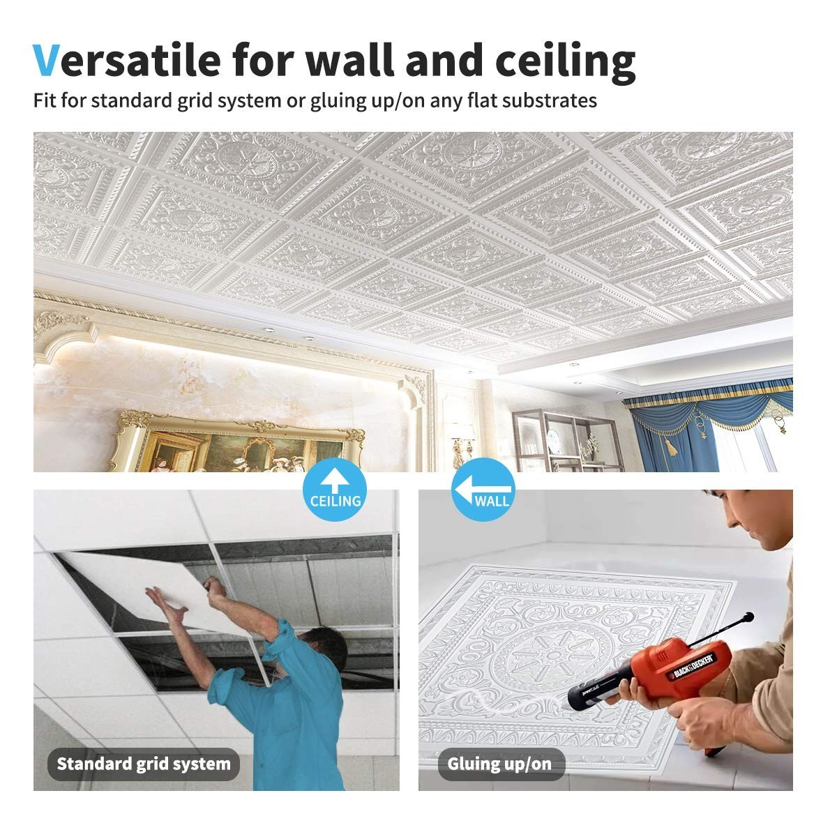 48 Sq Ft 24×24 White PVC Modern Floral Glue Up Ceiling Tiles, Water Resistant