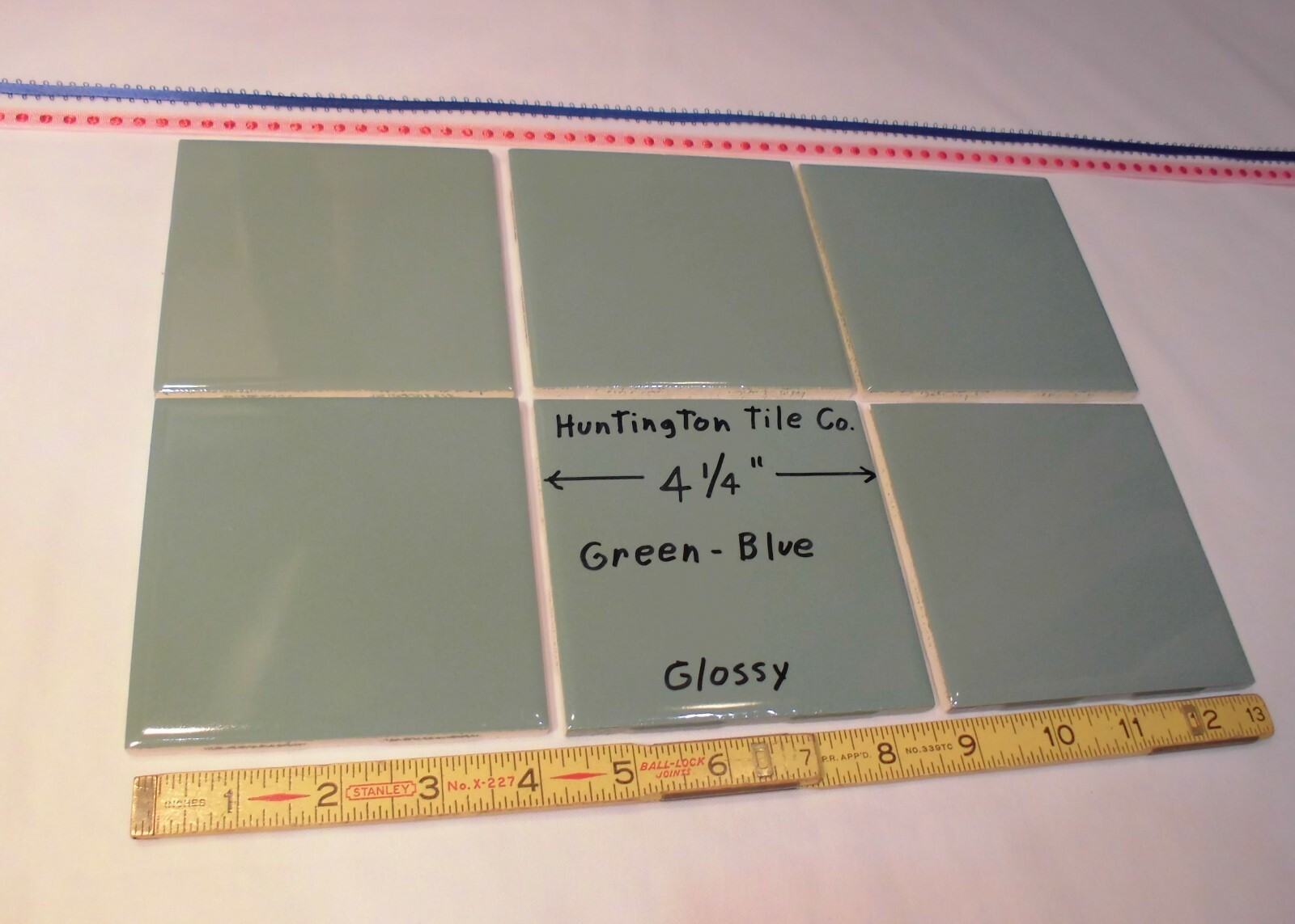 6 pcs. Glossy Ceramic Tiles *Green-Blue* 4-1/4″ Made USA by Huntington Co. NEW