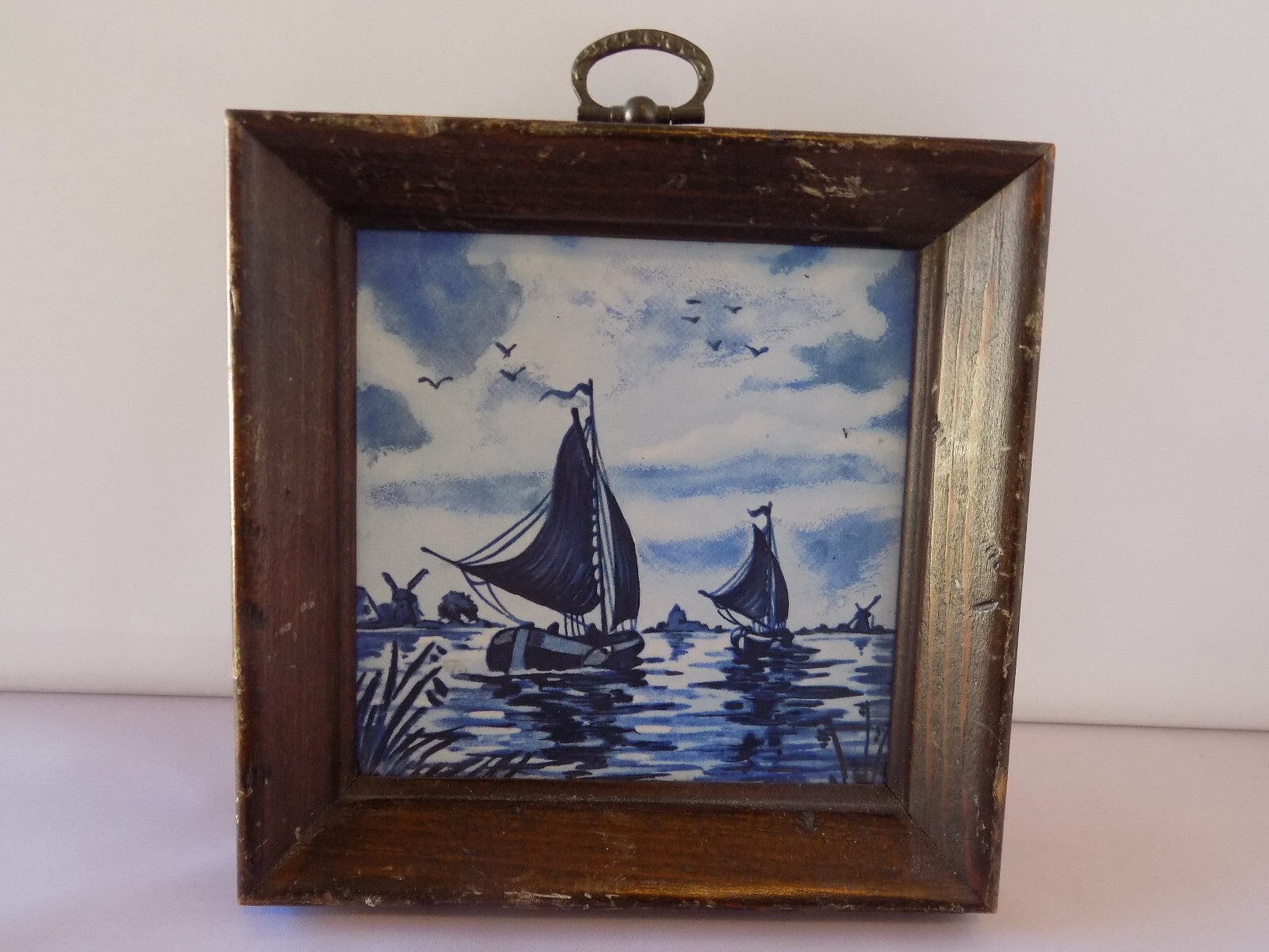 Set of 2 H&R Johnson Ceramic Tile Framed Blue Painted Sail Boats Ships Natutical