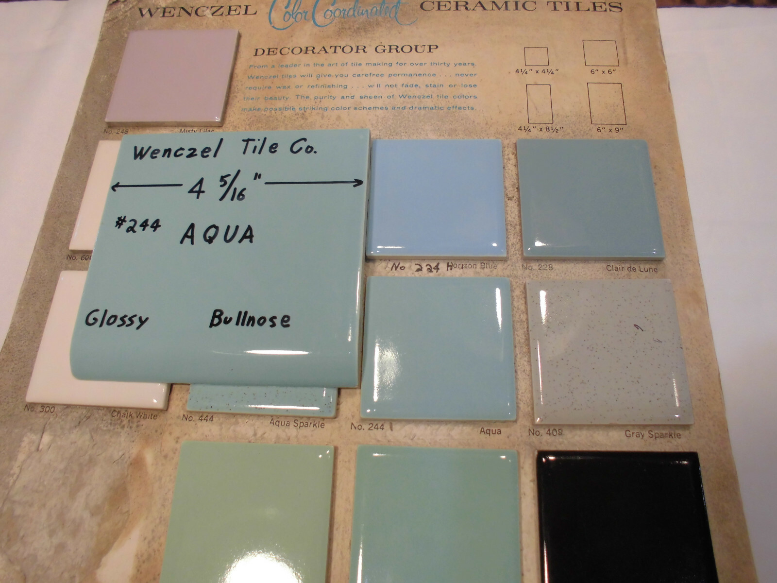 1 pc. Aqua #244; Blue-Green Glossy Ceramic Tile; Wenczel Tile 4-5/16″ Bullnose