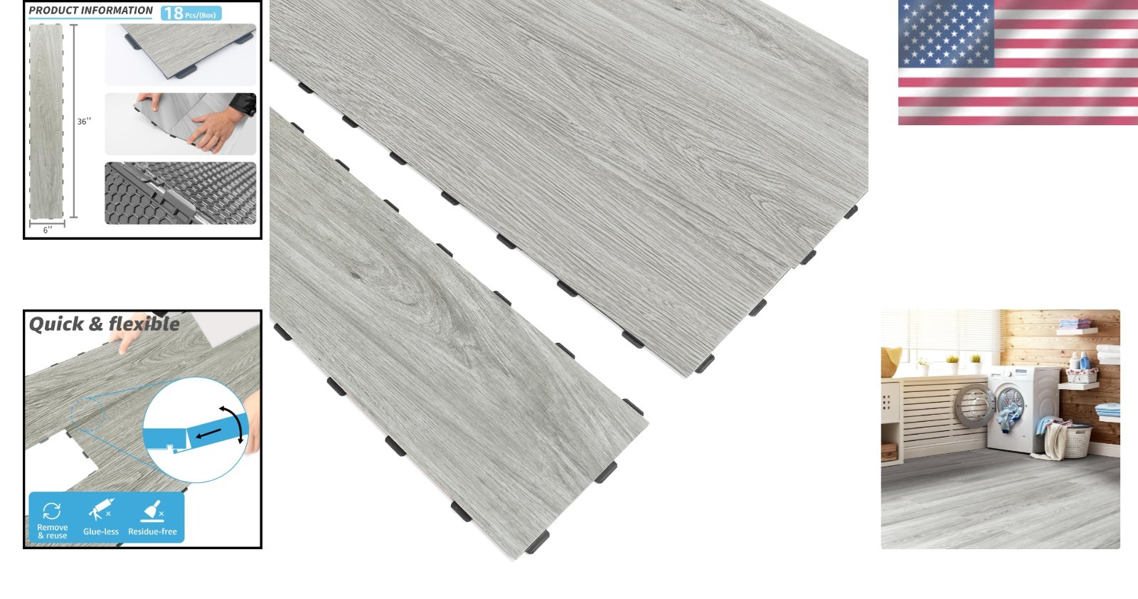 Waterproof and Reusable Vinyl Flooring Tiles – 36 x 6 Inch, 18 Pack for Any Room