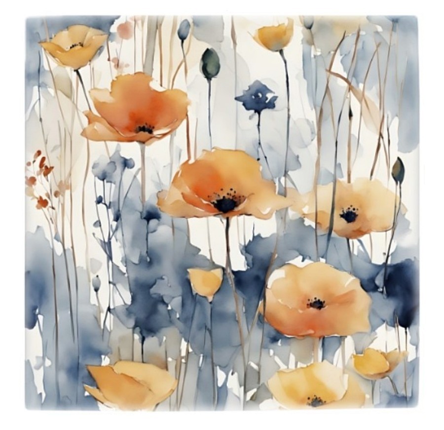 Large Ceramic tile 6×6 or 8×8 Floral Design 347 Flowers Orange Blue Printed USA