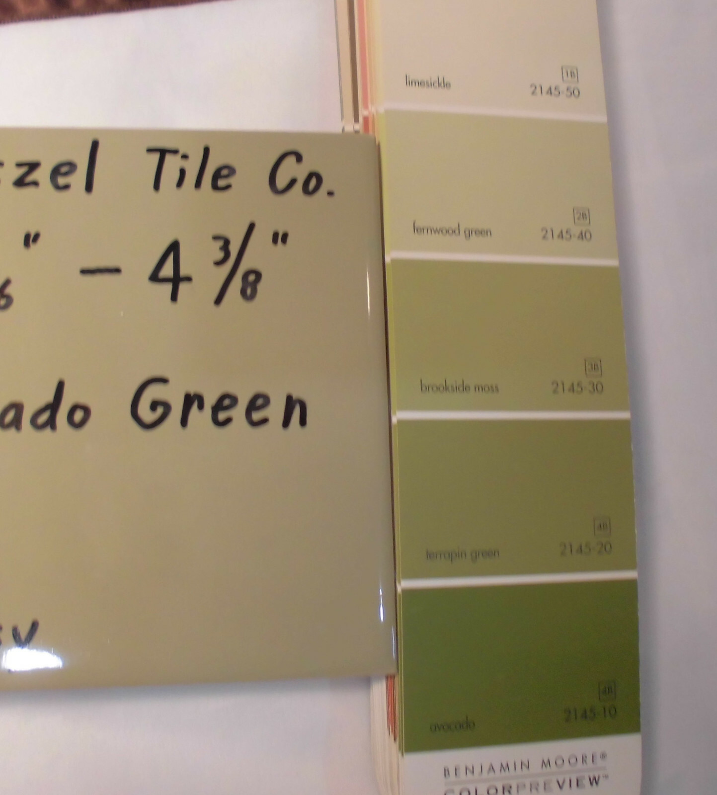 1 pc. *Avocado-Olive-Green* Glossy Ceramic Tile; Wenczel Co. 4-5/16″- 4-3/8″