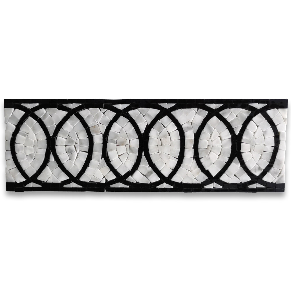 B0103P Eternal Rings Mosaic Border Carrara White Black Marble Listello Tile