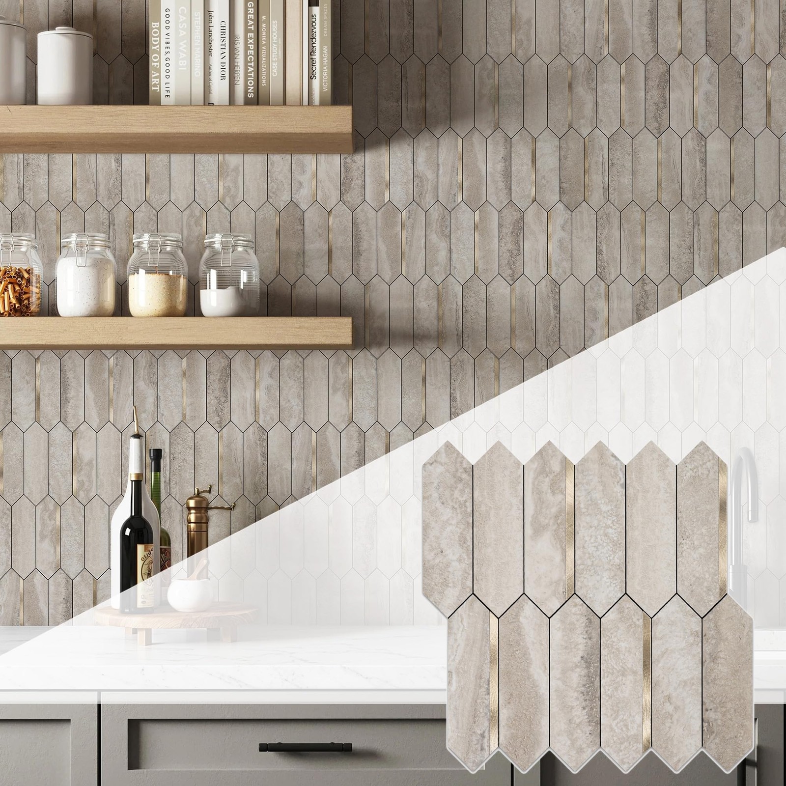 Peel and Stick Backsplash Long Hexagon Wall Tile, 10-Pieces, Beige