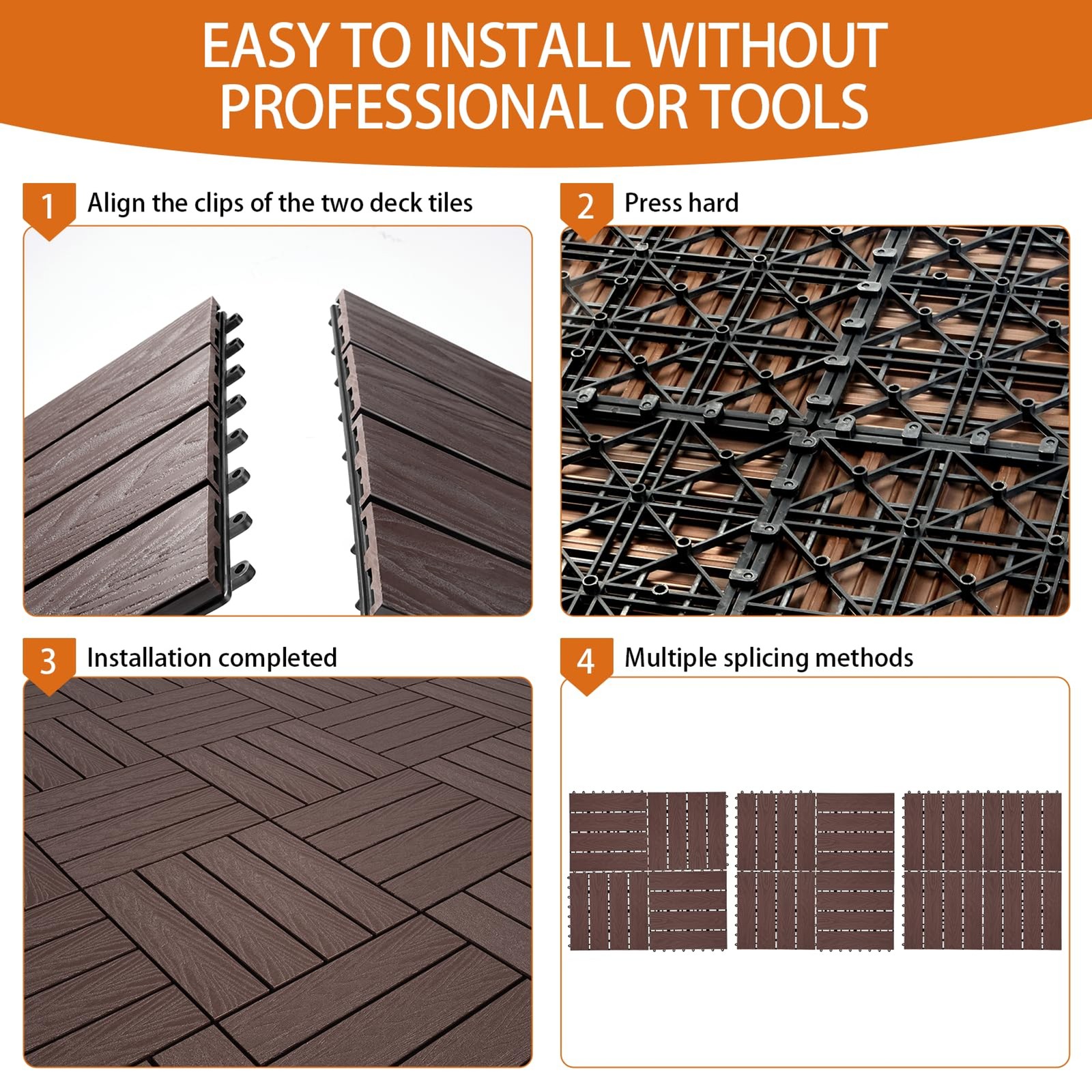 Polymer Interlocking Composite Deck Tiles Outdoor(4Pcs,Coffee) | 12×12″ Thick Co