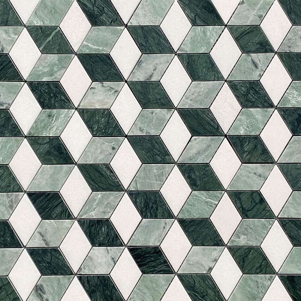 T34K2XH Thassos White Marble 3D Cube Rhombus Hexagon Mosaic Tile Green Honed