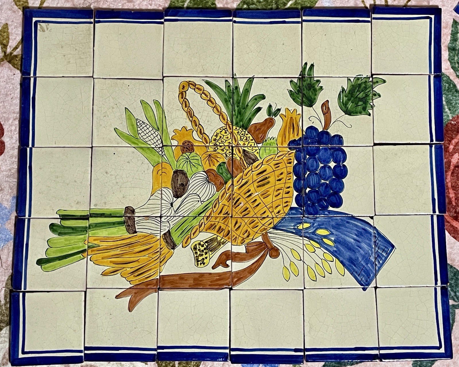 Vintage Mexican Talavera TILE MURAL Backsplash Fruit Basket 24”x20”