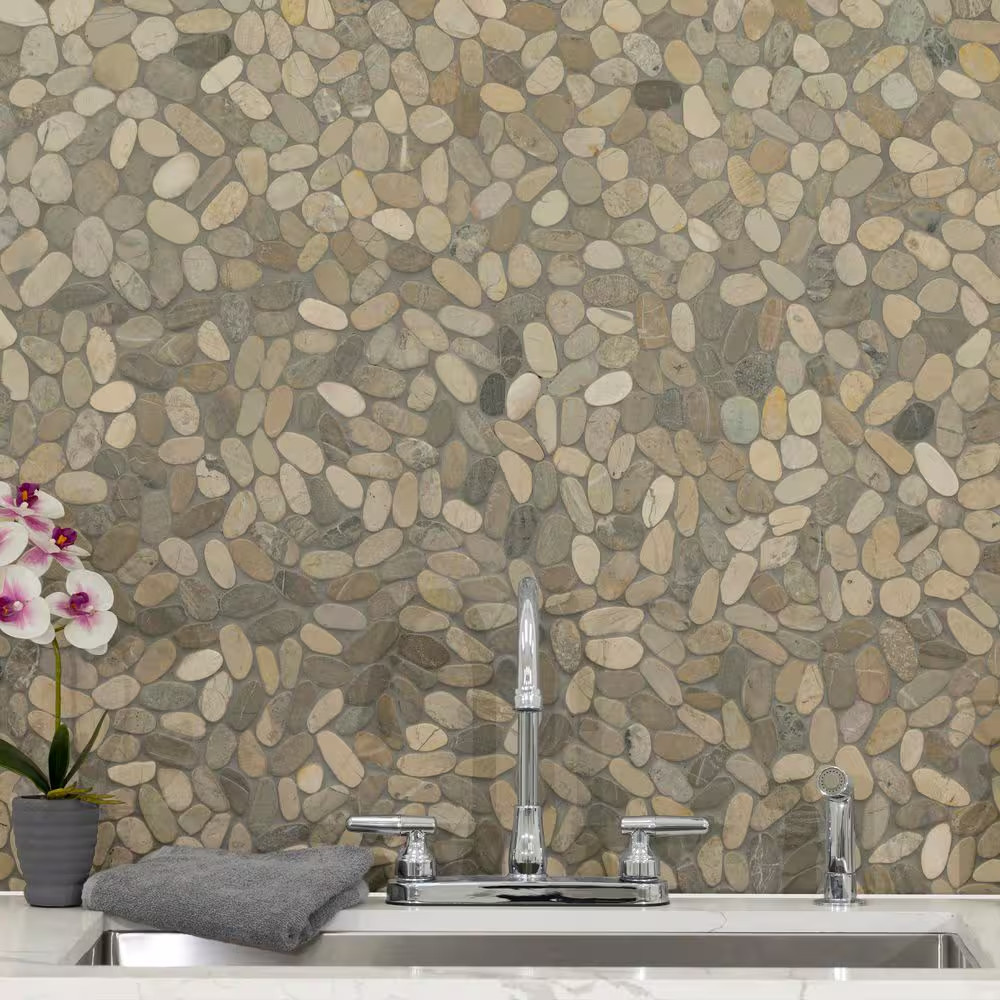 Sliced Pebble Truffle 12 In. X 12 In. X 0.38 In. Tumbled Marble Mesh-Mounted Mos