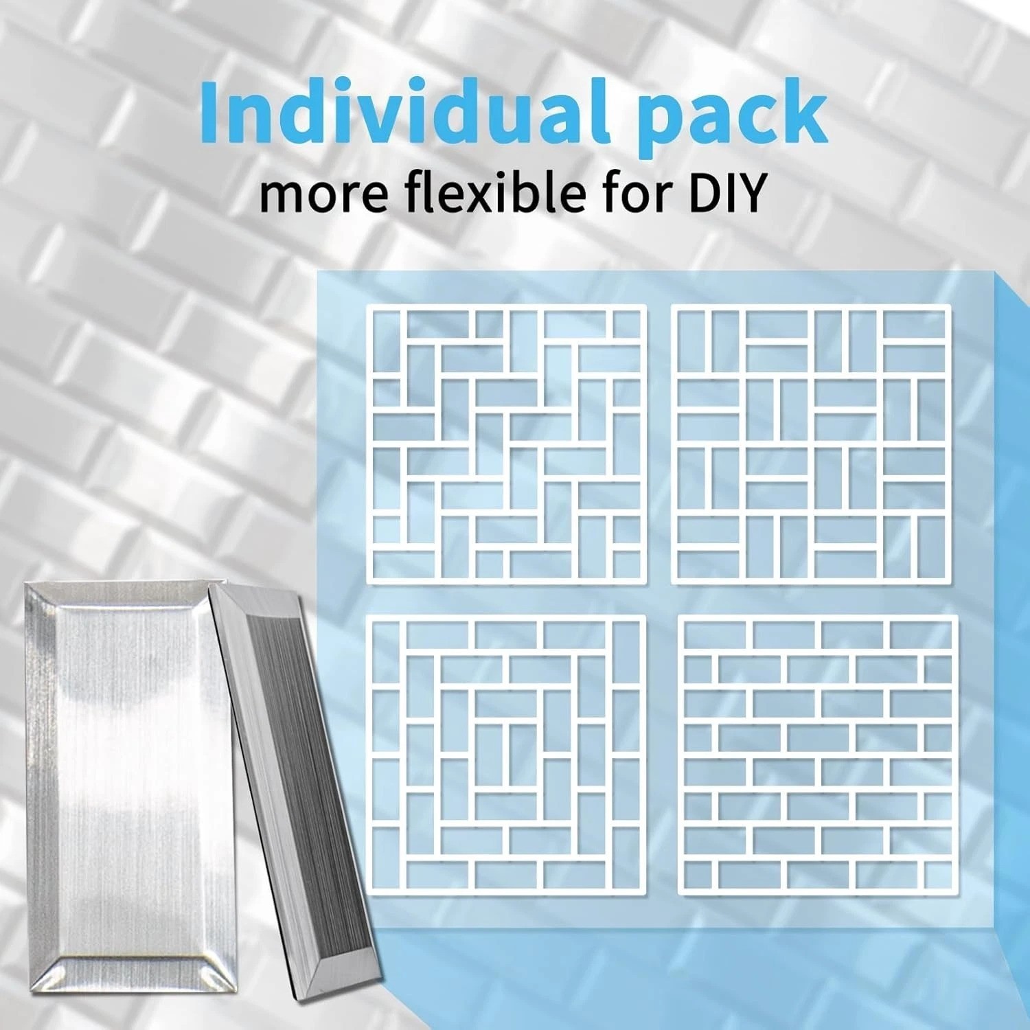 Modern Stainless Stick-On Subway Tiles, 100-Pcs, 3D Texture//