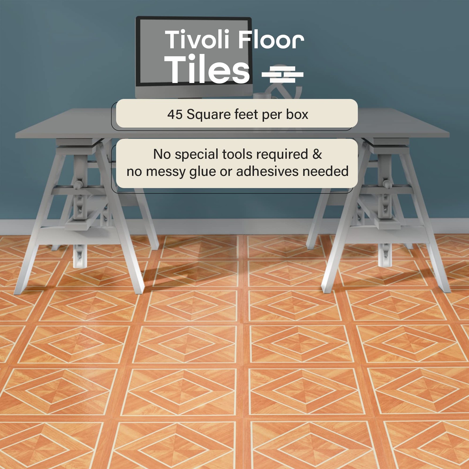 Tivoli Self Adhesive Vinyl Floor Tiles, 45 12×12 Inch, WhtBrdr Inld Prqt