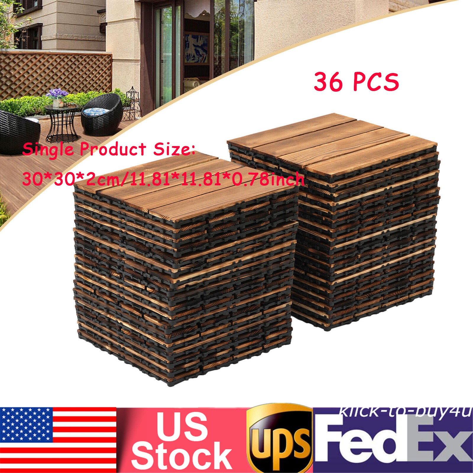 36Pcs Hardwood Interlocking Patio Deck Tiles Wood Flooring DIY Outdoor 12”x12”