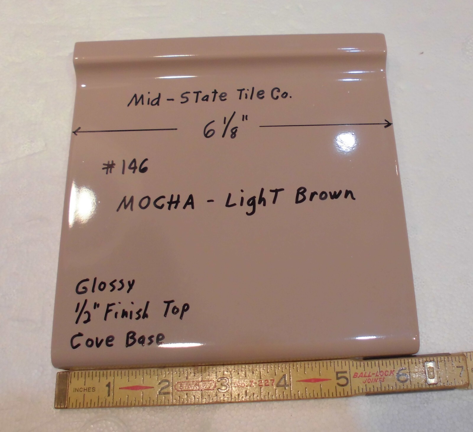 1 pc. Vintage Glossy *Mocha- Brown* 6” X 6” Ceramic Cove Base Tile by MID-STATE