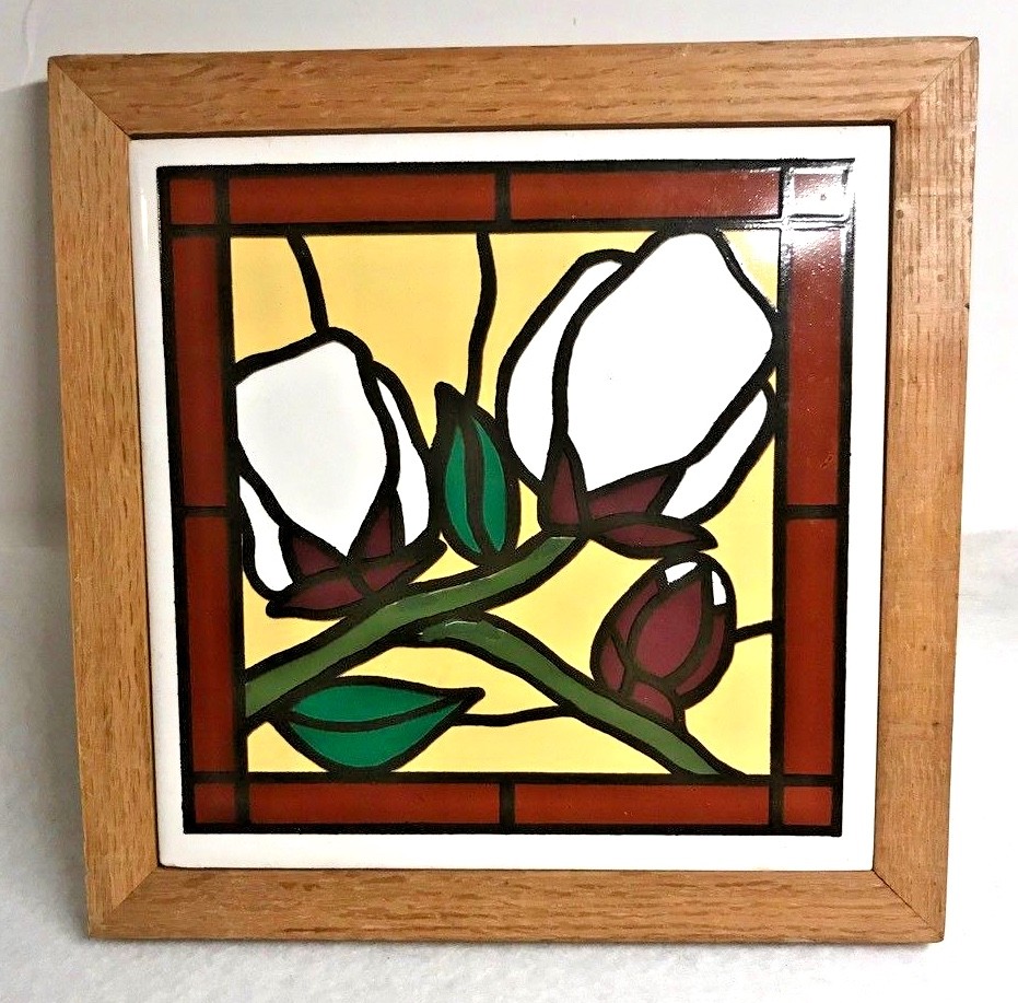 Rose Flower 7” Tile Trivet Oakwood Accents Frame Stained Glass Look Hanger 🌹EUC