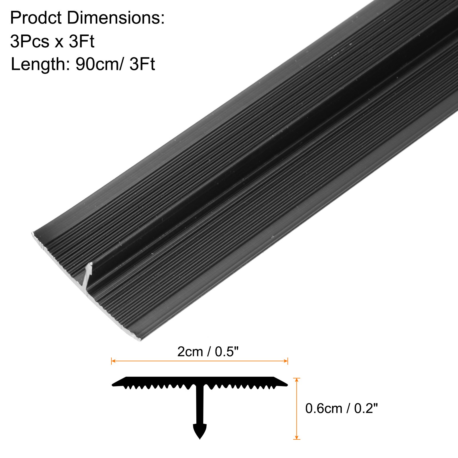 3 Pcs Aluminum T Molding Floor Transition Strip (0.8″x3 Ft, Black)
