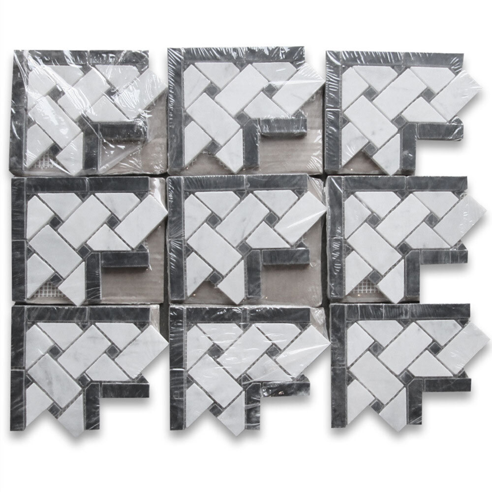 C651CXP Carrara Venato Carrera Marble 4×4 Basketweave Mosaic Corner Polished
