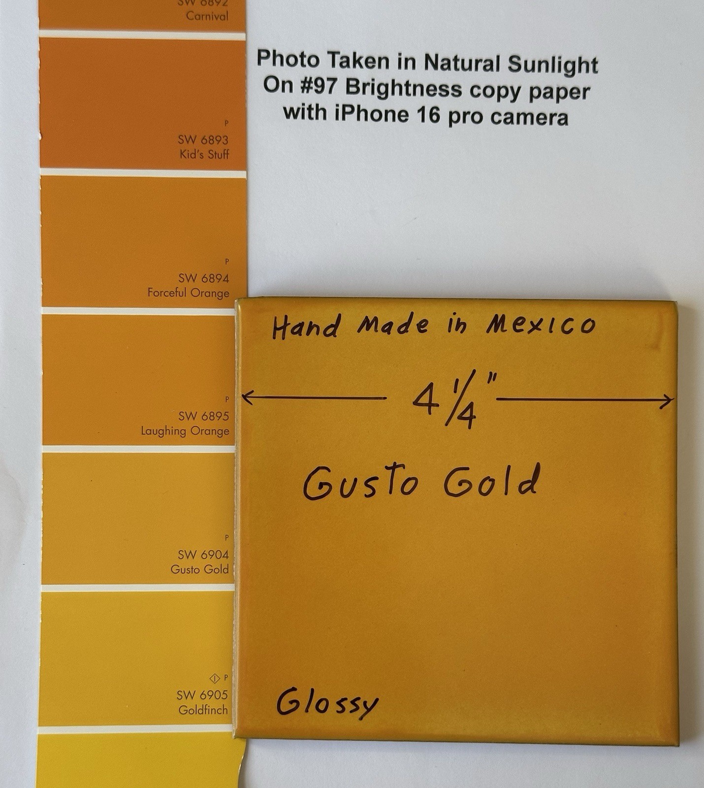 1 pc. Golden-Yellow: 4-1/4″ Hand-Made in Mexico, Glossy Red-Clay Ceramic Tile