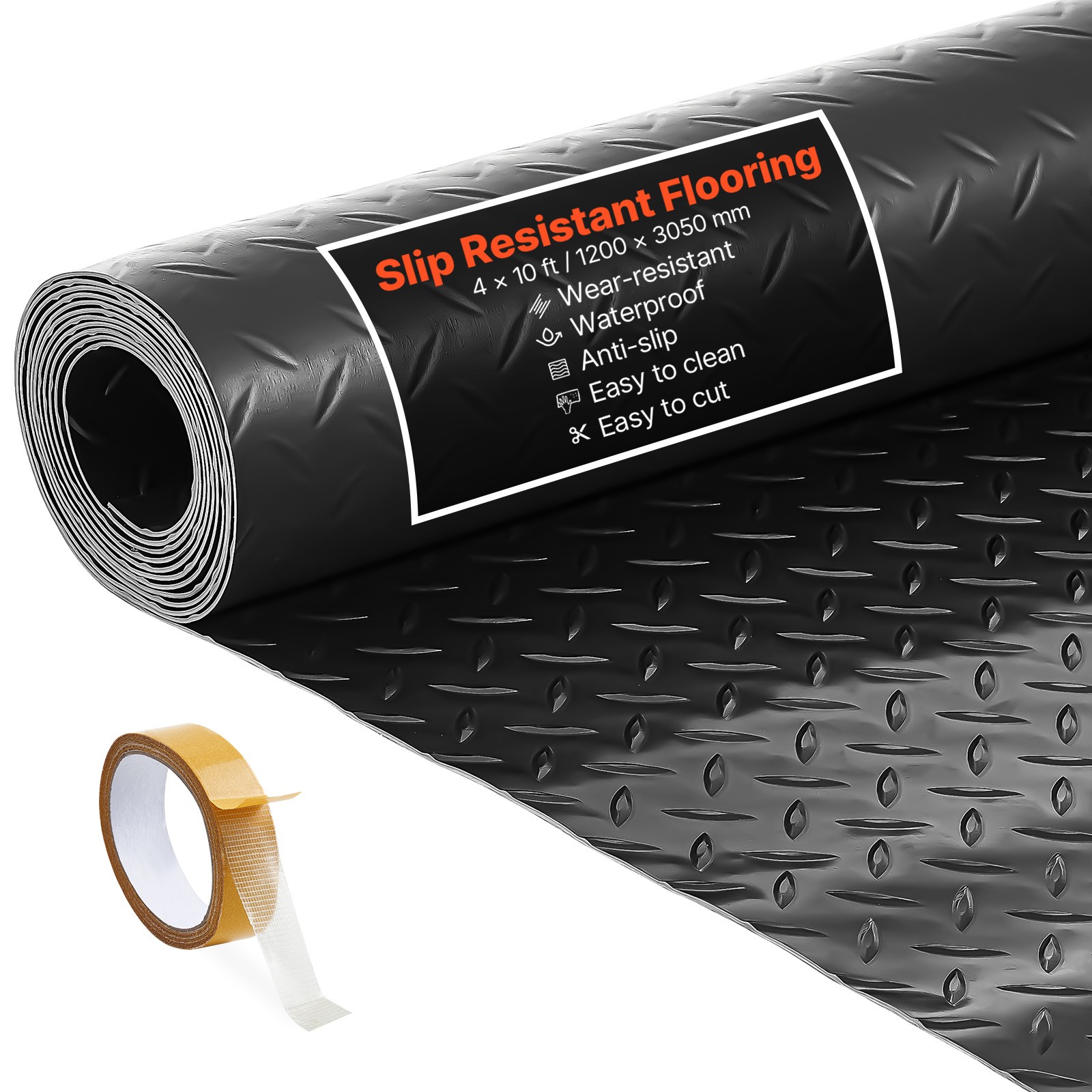 VEVOR Garage Floor Roll 4×10 ft PVC Diamond Mat Non-Slip Easy Clean Black