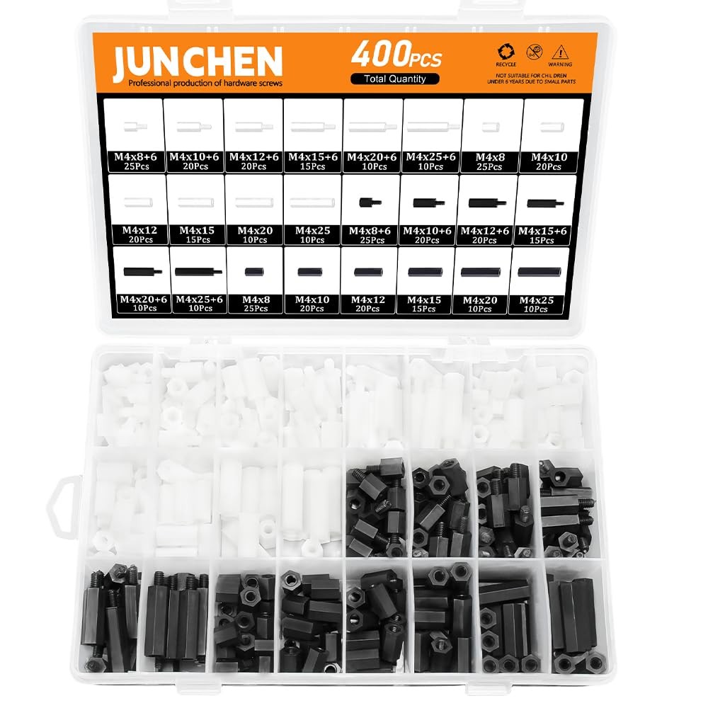 400pcs Hex Male Female Nylon Spacers Standoffs Assortment M4, Black and white
